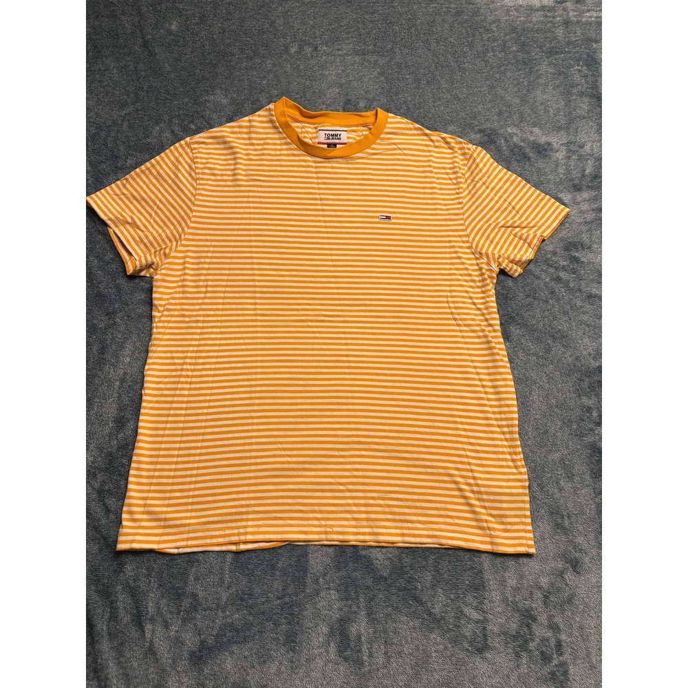 Tommy Jeans Mens Striped Crew Neck T-Shirt Yellow White XL Short Sleeve